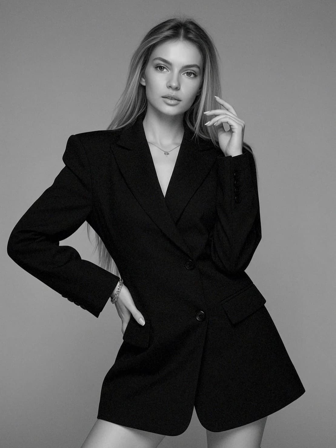 Natalia Ozerianska in a black blazer, photographed in black and white